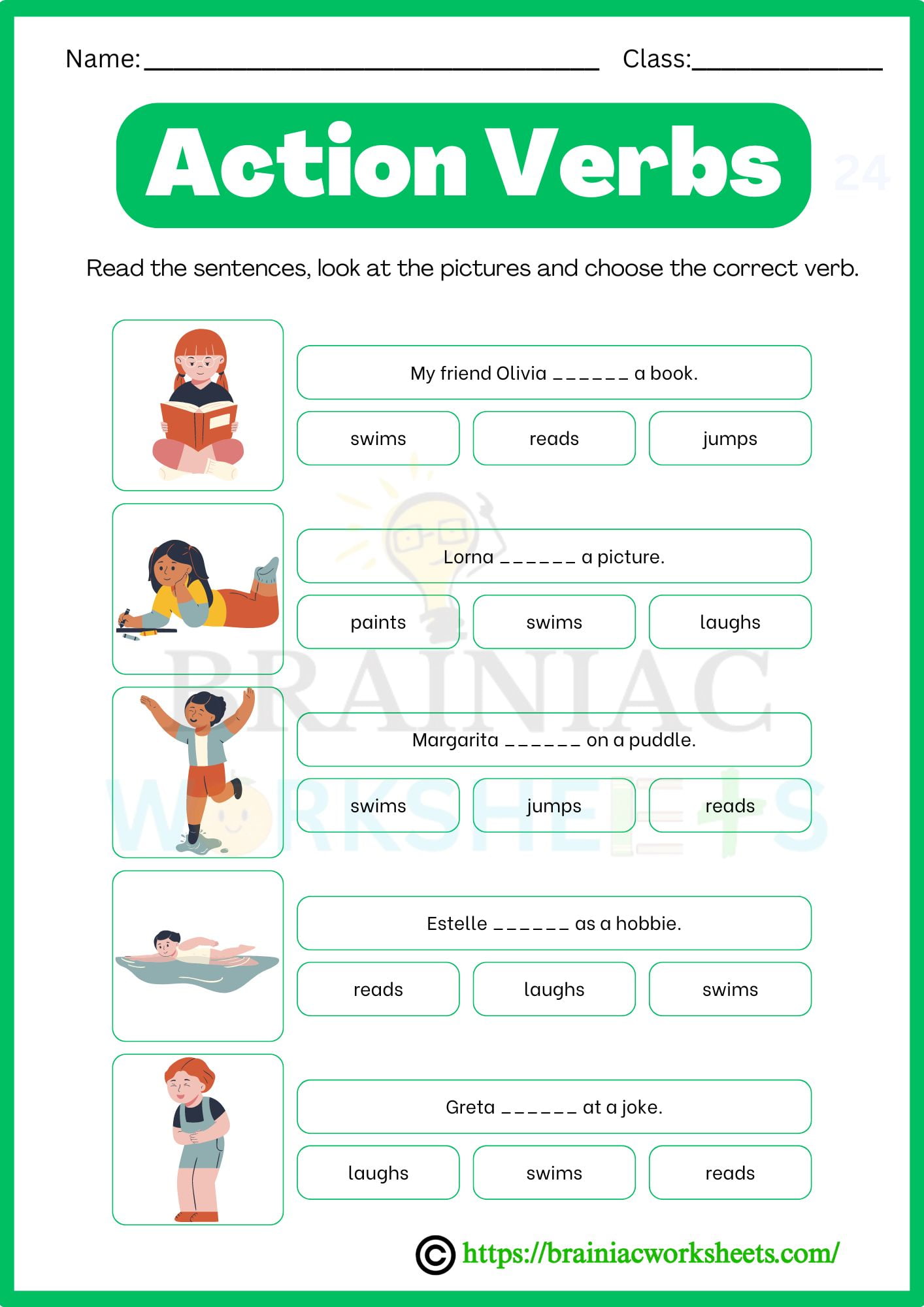 Action Verbs Class 3 English Worksheet - Brainiac Worksheets