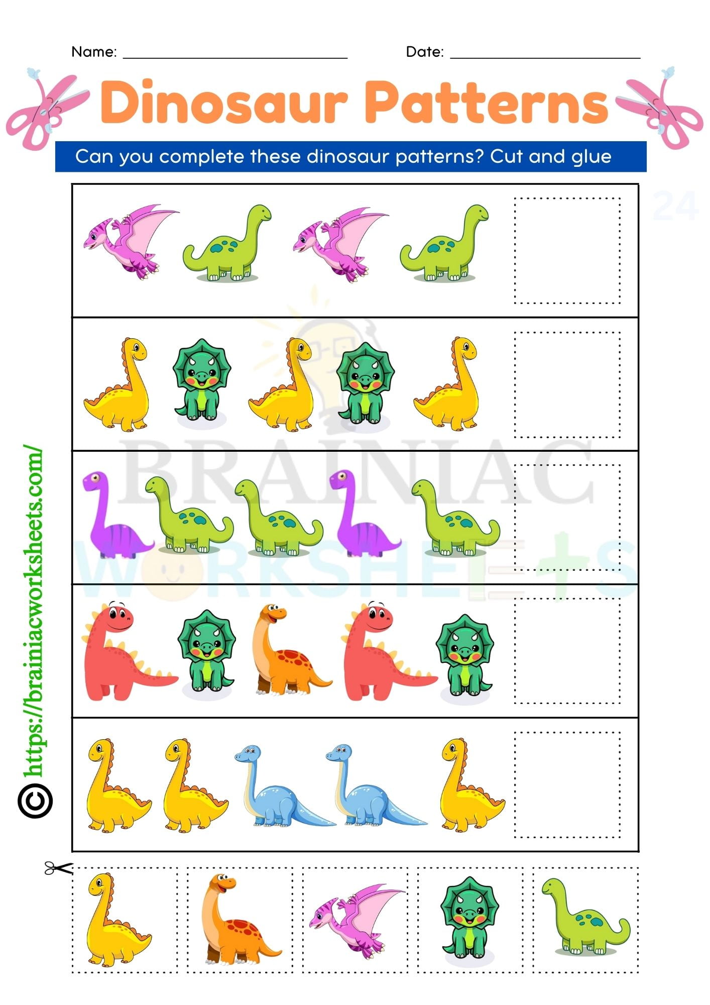 Dinosaur Patterns Cut And Paste Class 2 Worksheet - Brainiac Worksheets