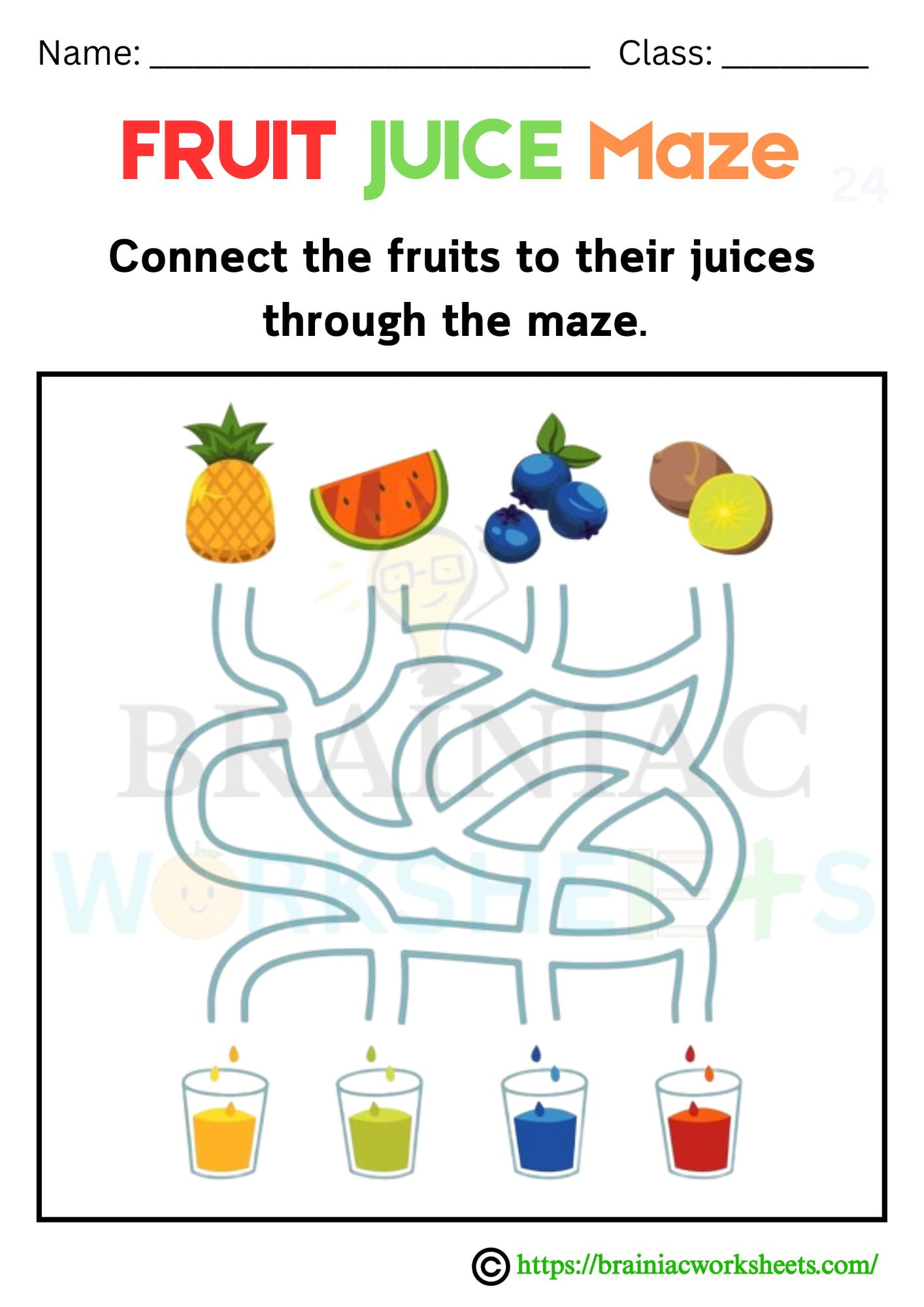 Fruit Juice Maze Ukg IQ Worksheet - Brainiac Worksheets