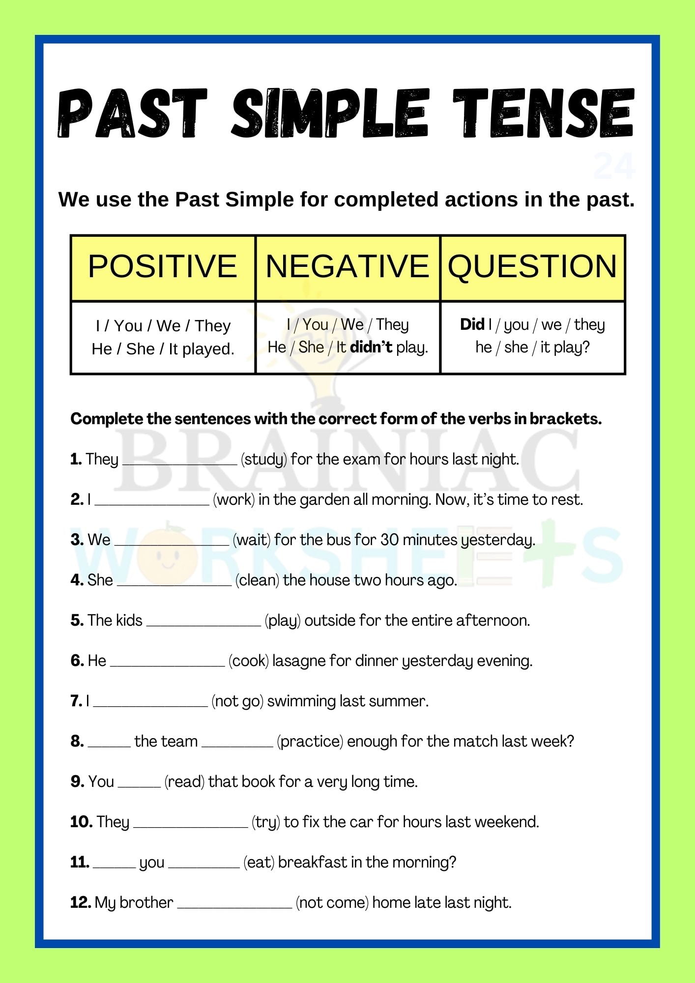 Past Simple Tense English Worksheet For Class 20   Brainiac Worksheets