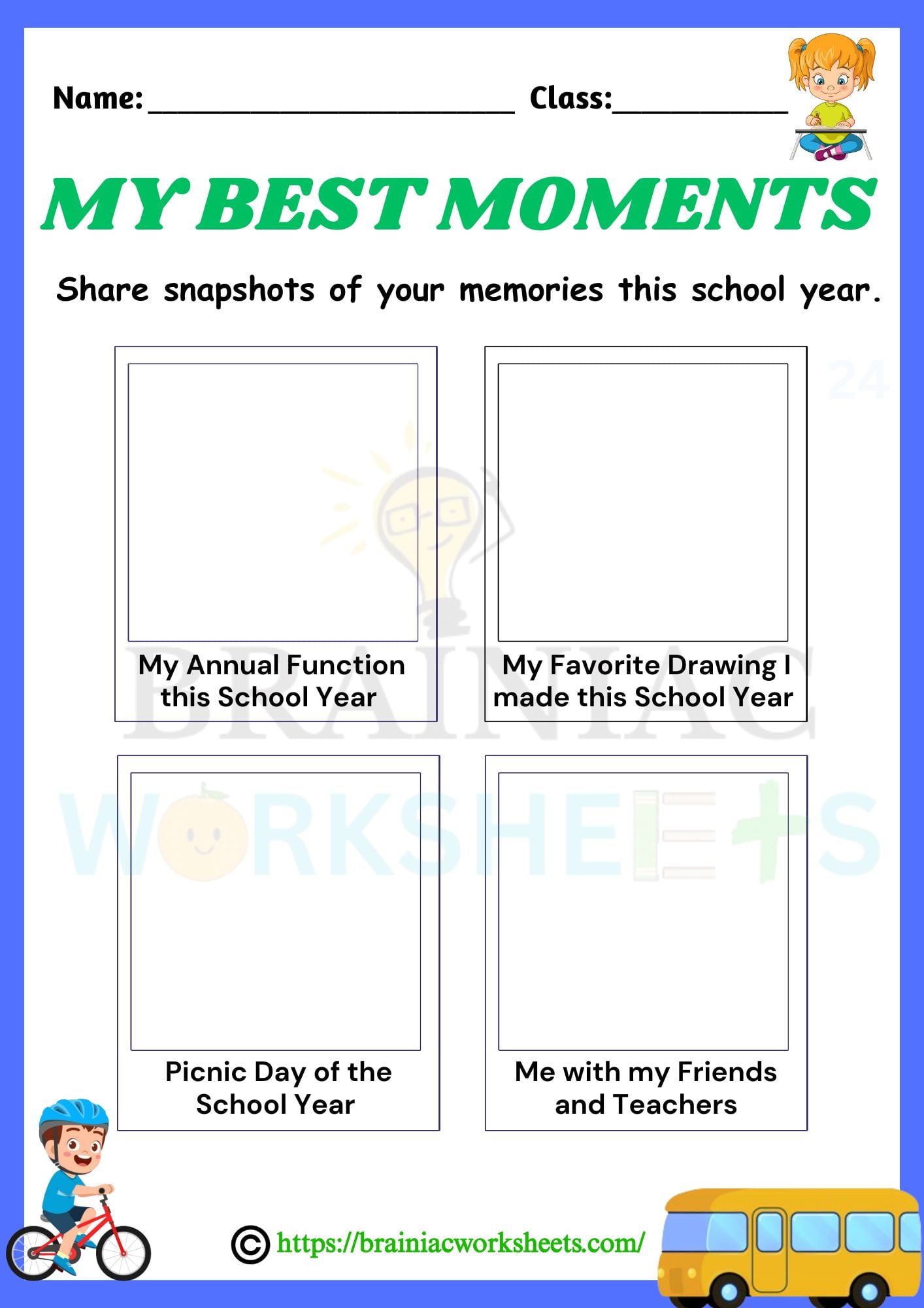 School Best Moments Snapshots Class 1 Activity Worksheet - Brainiac ...