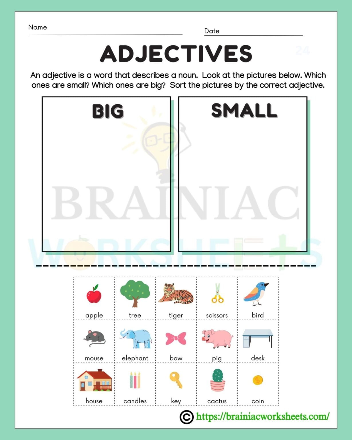 Big Or Small Adjective Cut Paste Ukg English Worksheet - Brainiac ...