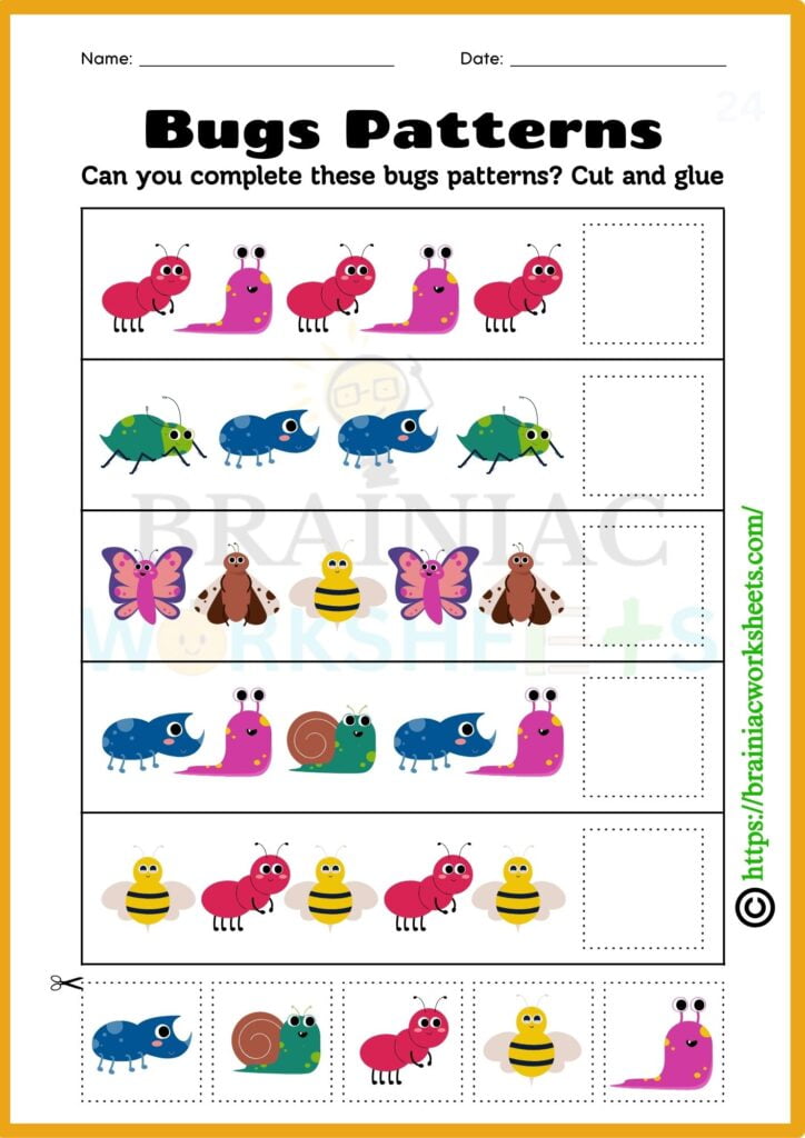 Bugs Patterns Cut And Paste Class 1 Worksheet - Brainiac Worksheets