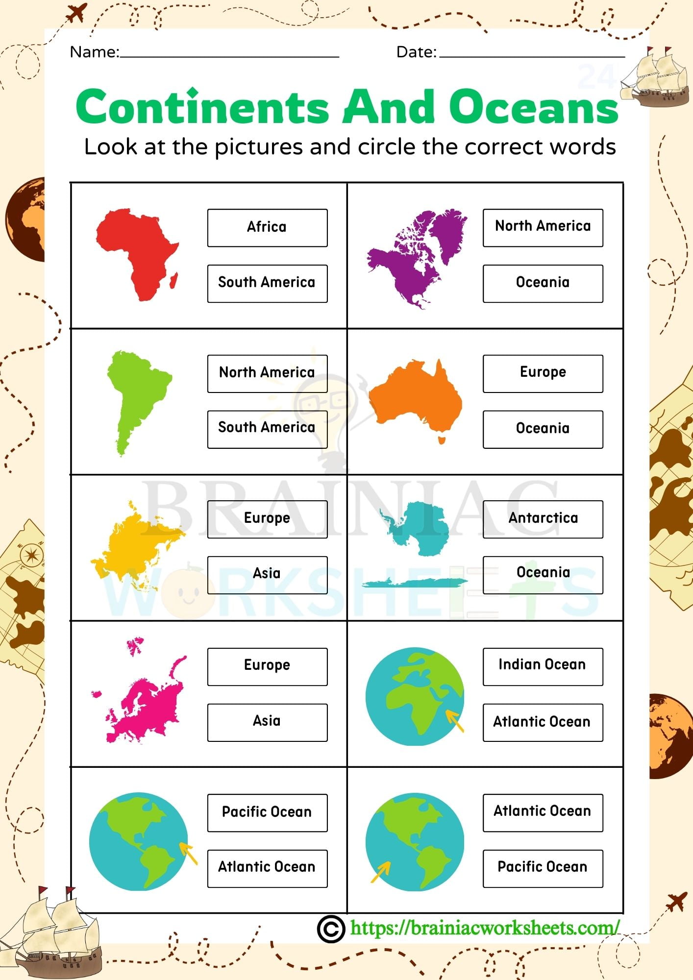 Continents and Oceans Vocabulary Class 3 GK Worksheet - Brainiac Worksheets