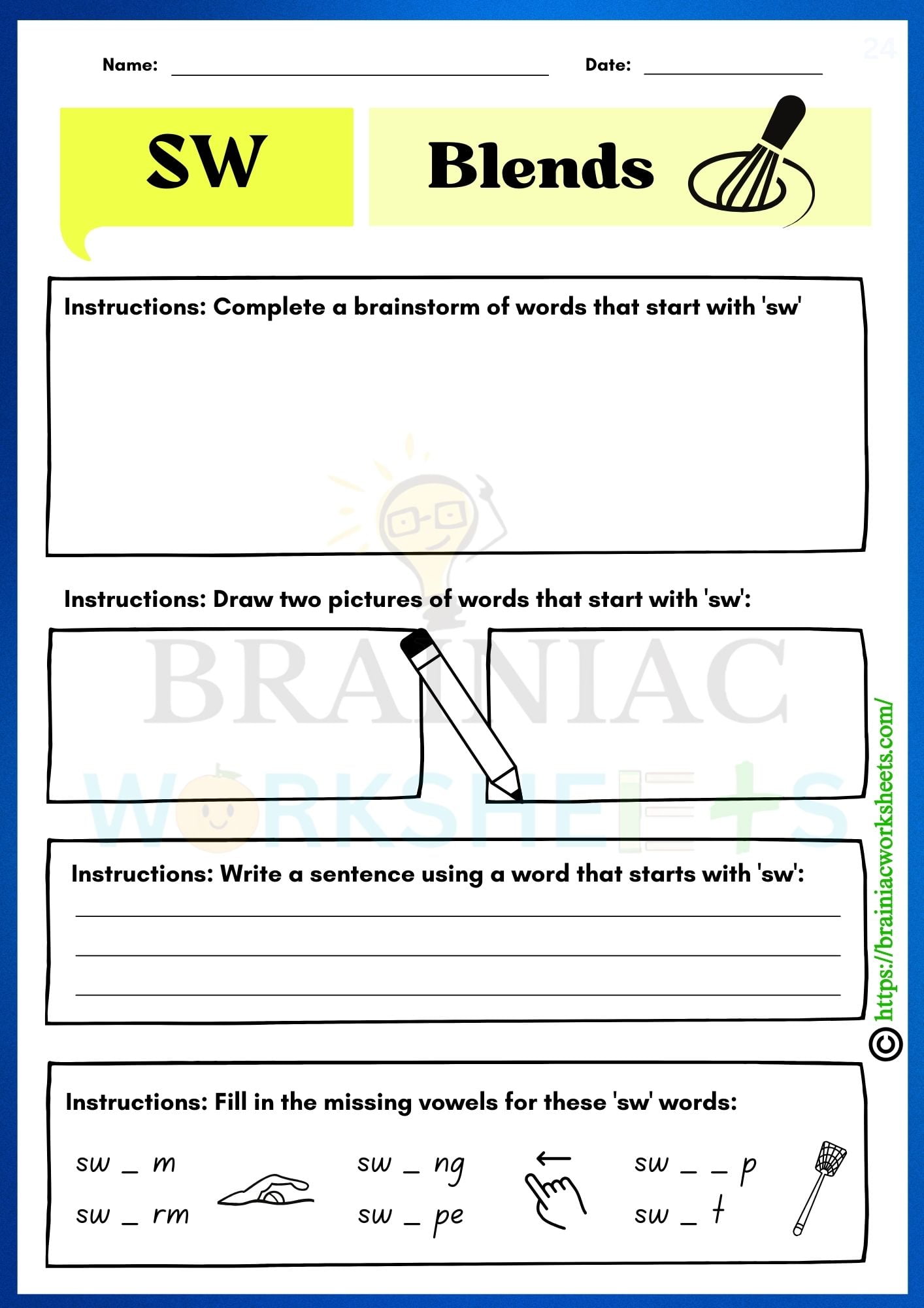 Digraph Words Blend 'SW' English Worksheet For Class 2 - Brainiac ...