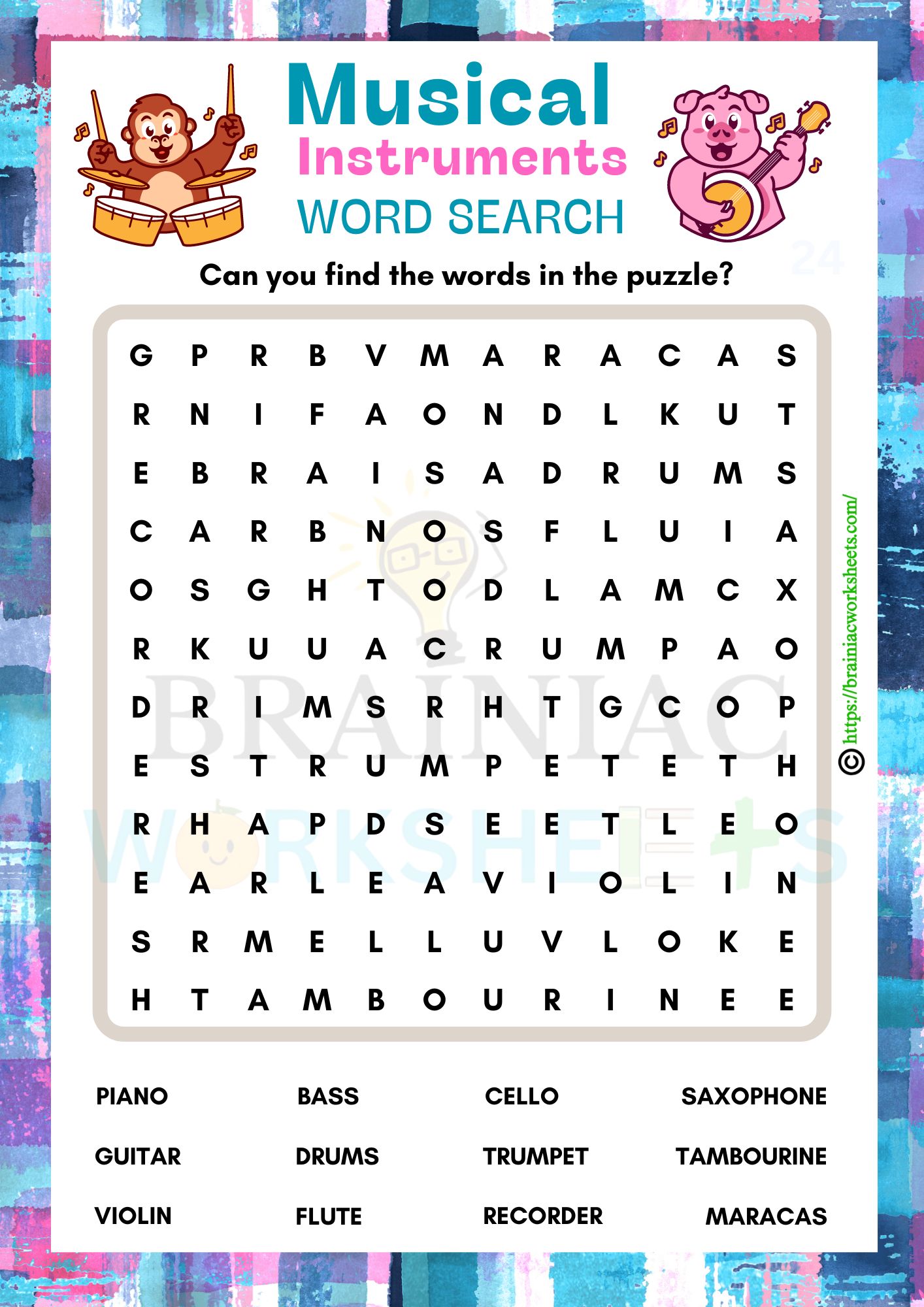 Gk Worksheet For Class 5 Musical Instruments Word Search With Answers