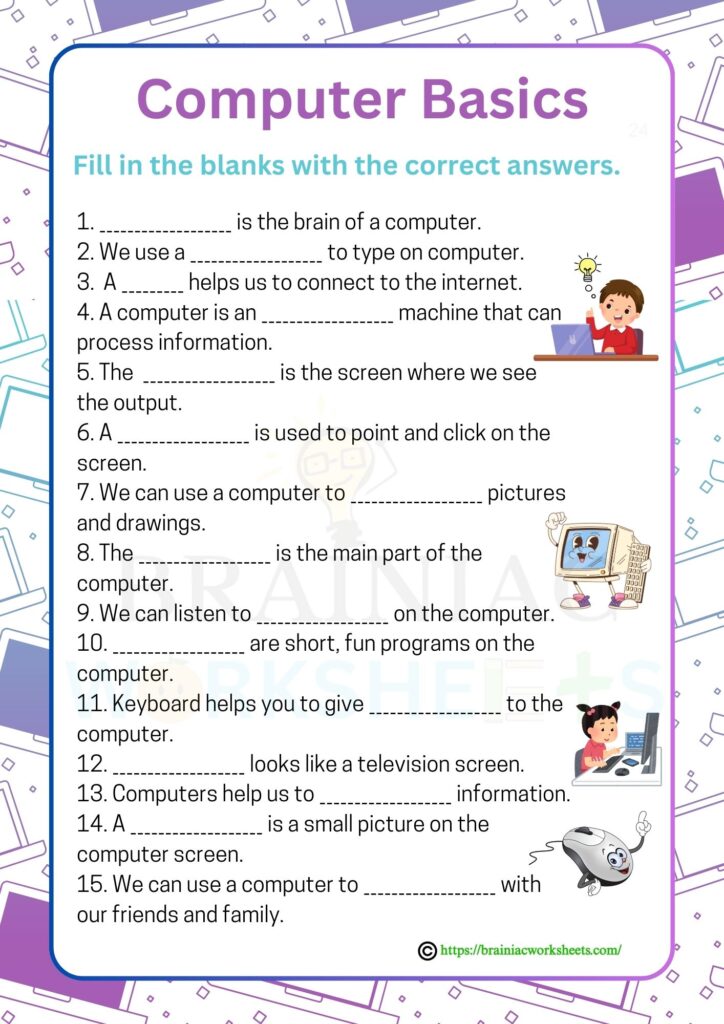 computer worksheet for class 1