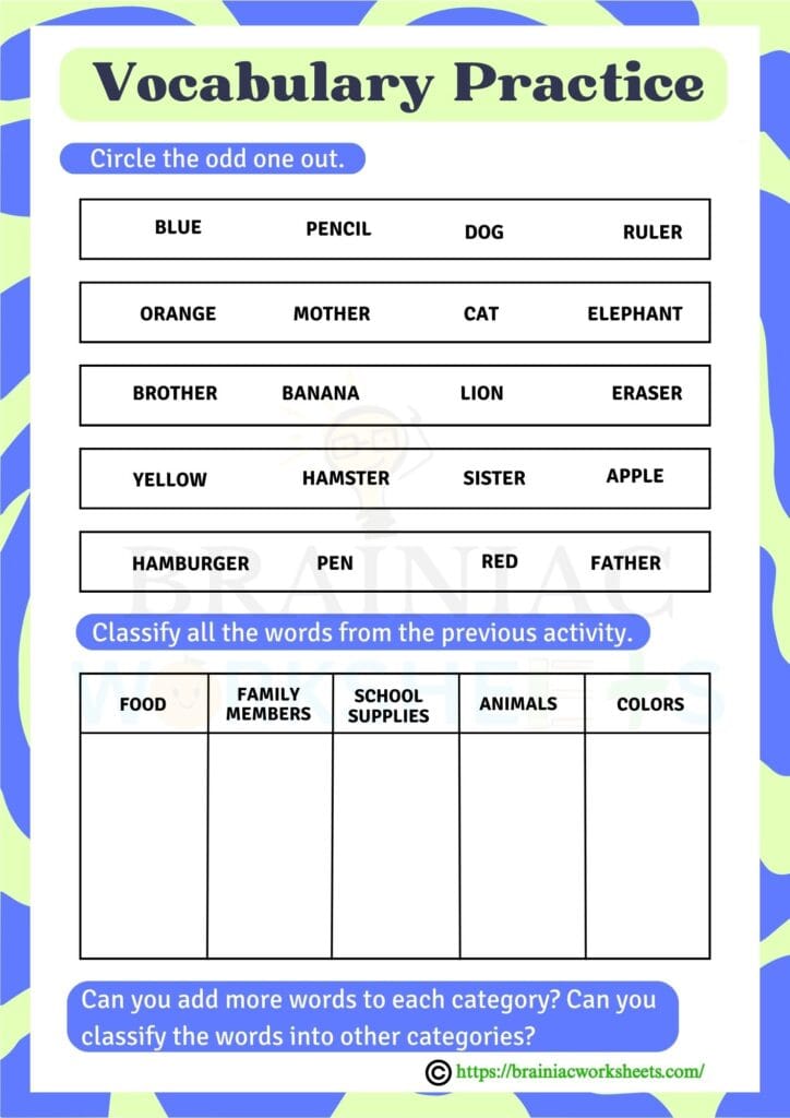 english worksheet for class 1